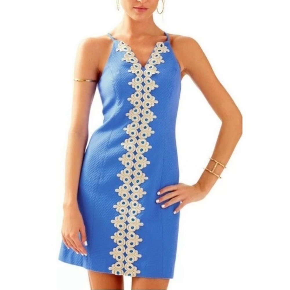 Lilly Pulitzer Pearl Lapis Blue Gold Lace Pique Shift Dress Rare